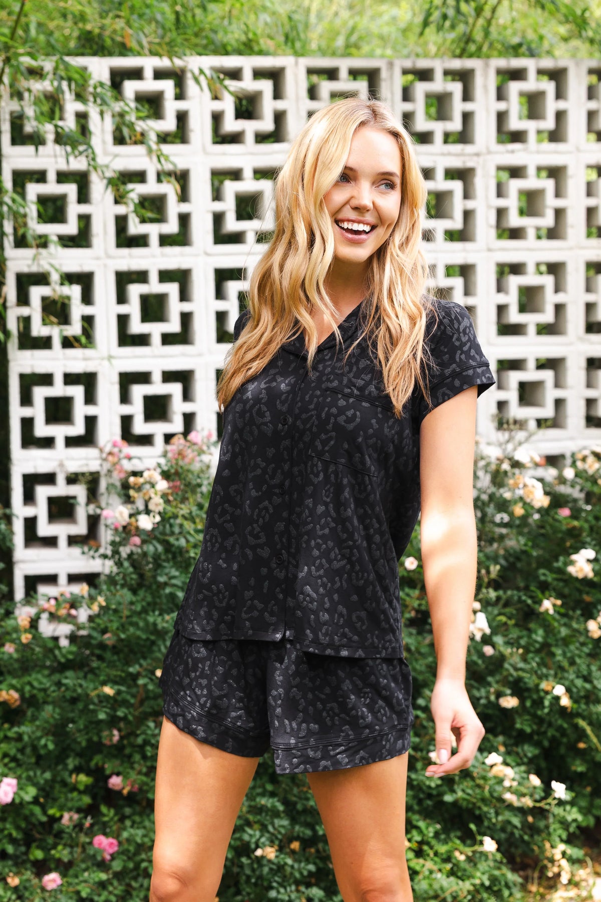 Women’s Short Sleeve Pajama Set in Midnight Leopard