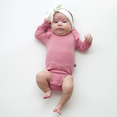 Ribbed Long Sleeve Ruffle Leotard in Apple Blossom