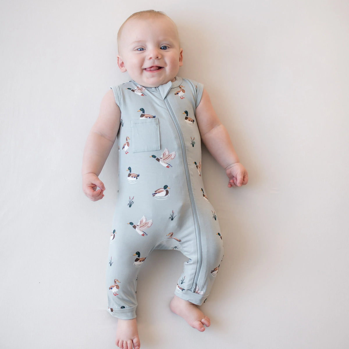 Zippered Sleeveless Romper in Mallard Duck