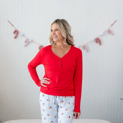 Women's Long Sleeve Henley Tee in Cardinal