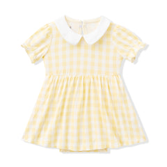 Peter Pan Collar Bodysuit Dress in Gingham Chamomile