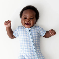 Zipper Shortall Romper in Gingham Breeze